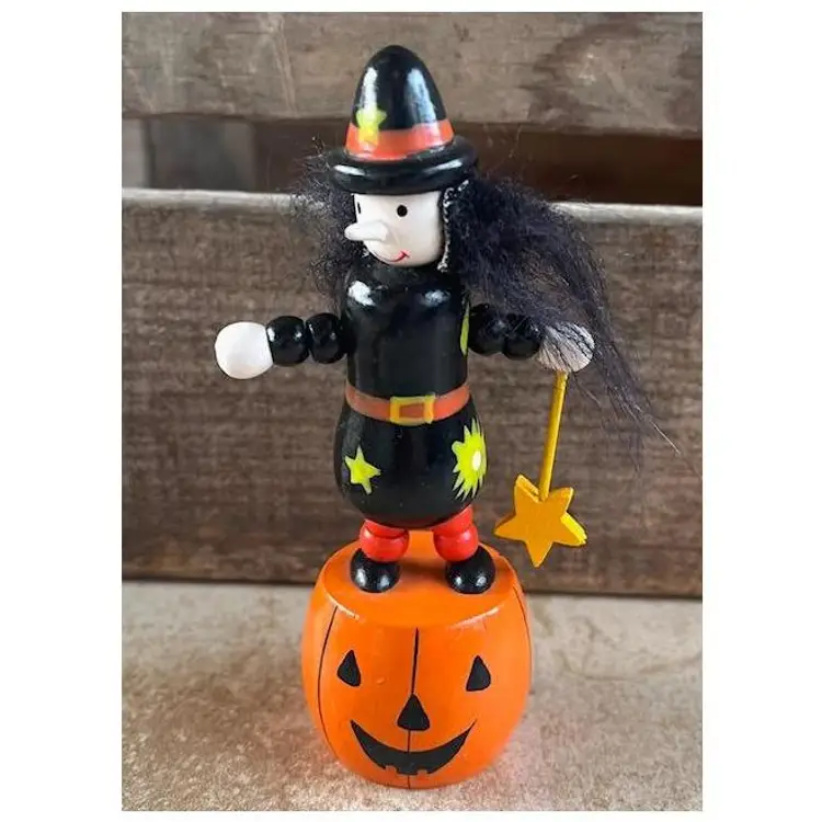 Vintage Push Button Toy Witch Puppet with Halloween Pumpkin