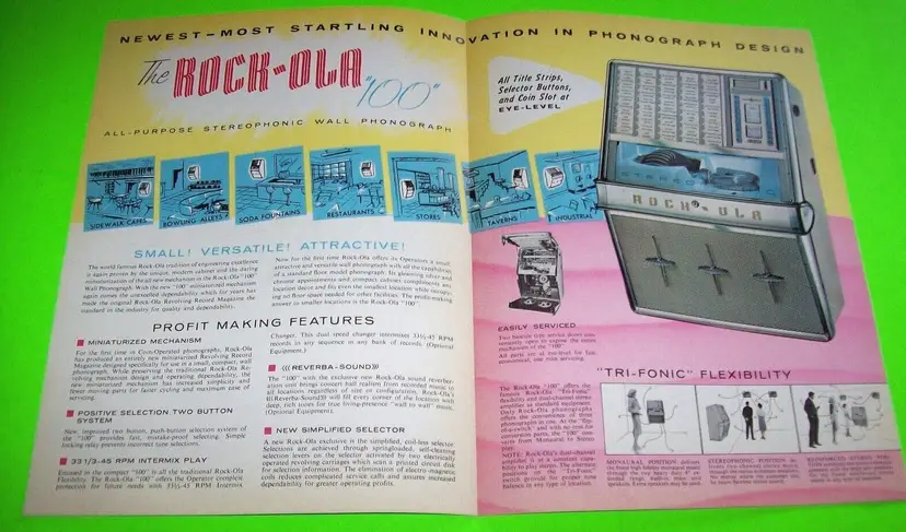 Rock-Ola Wall 1484 Jukebox FLYER Phonograph 100 Original 1960 Music Art Brochure