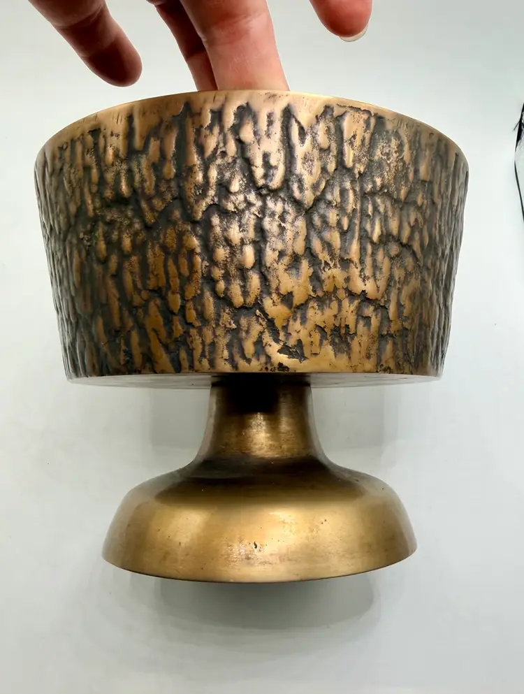Vintage MCM Brass Pedestal Bowl: Tree Bark Design, Decorative Planter