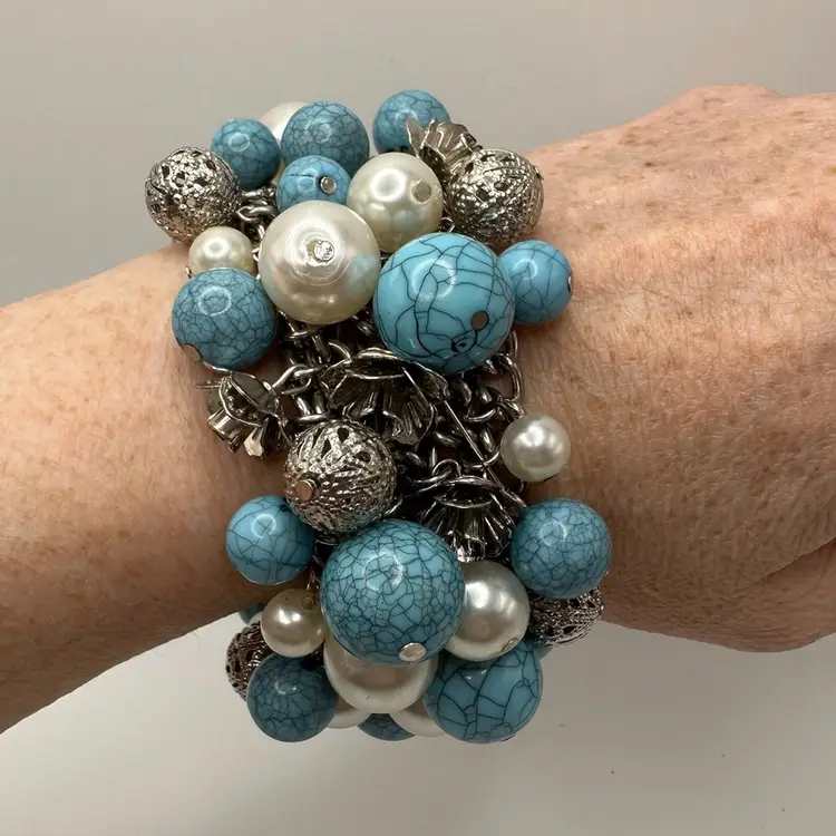 Wide Fun Statement Cha Cha Bracelet Silver Tone Blue And Pearls