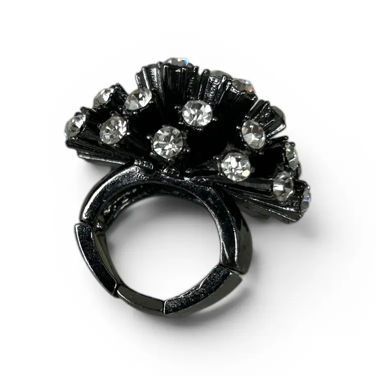 Black Metal Rhinestone Sputnik Cluster Cocktail Ring with Stretch Back - Size 6.5 - 7.5
