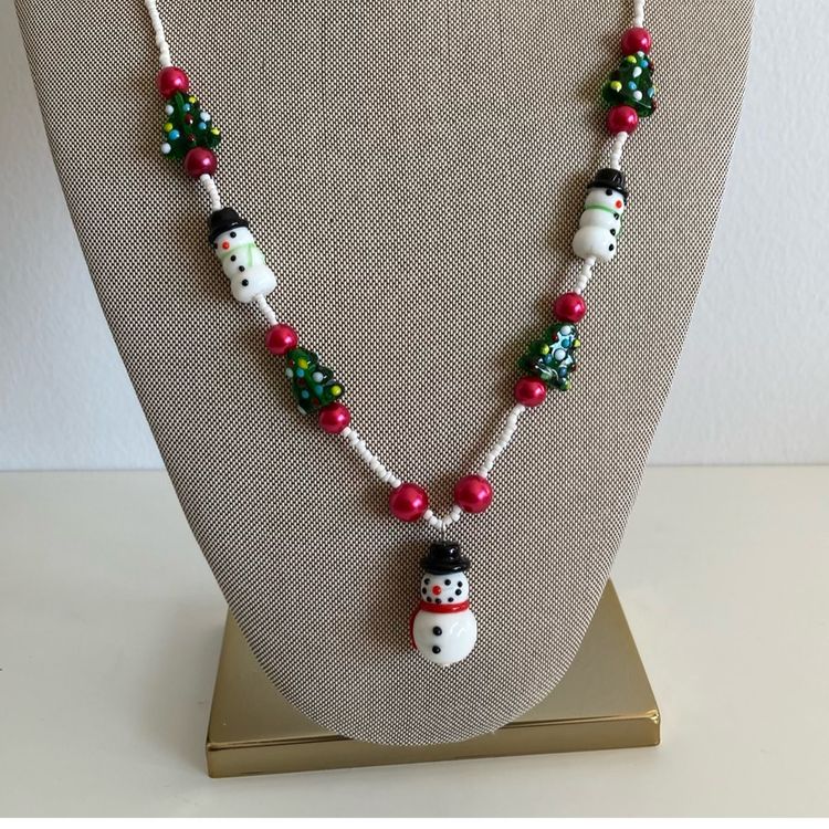 Cheerful Lampwork Glass Snowman And Shiny Brite Style Beaded Necklace