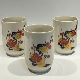 Kutani Japanese - Hand Painted Flowers w/Gold -porcelain Saki Cups  Set of 3