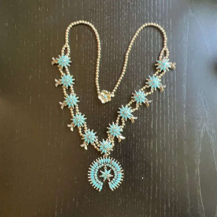 Vintage Costume Jewelry Faux Turquoise Squash blossom Necklace 24”