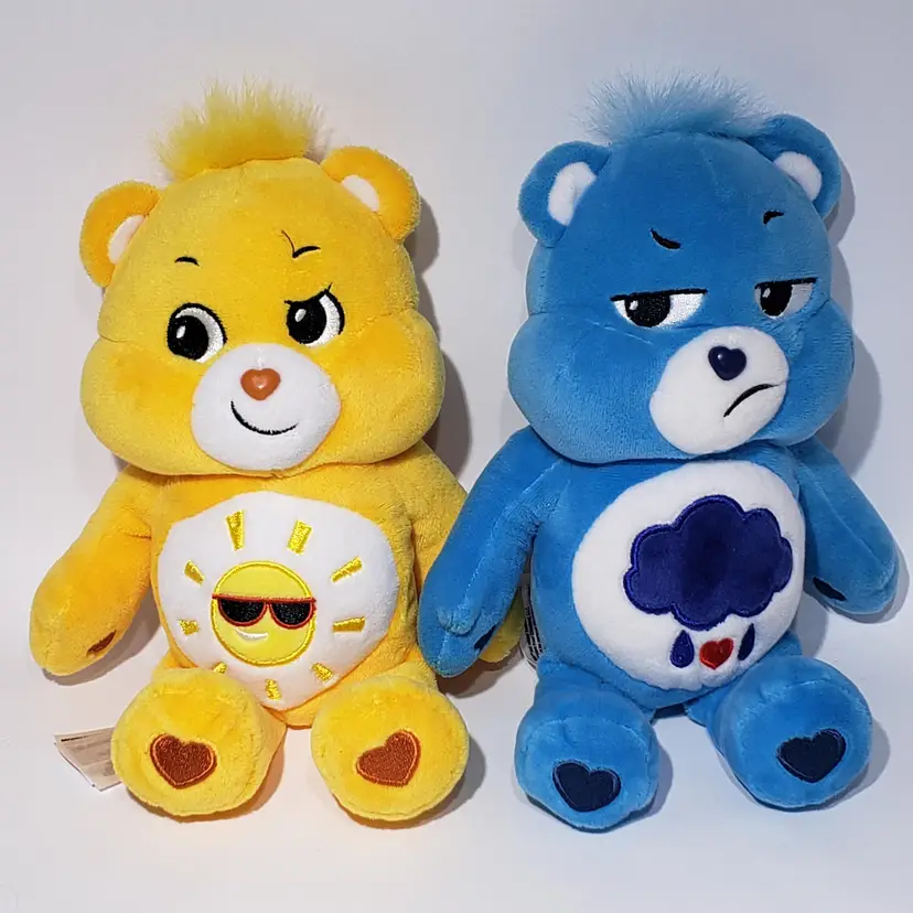 Set of 2 Care Bears Blue Grumpy & Yellow Funshine Bear Plush Unlock Magic 2021