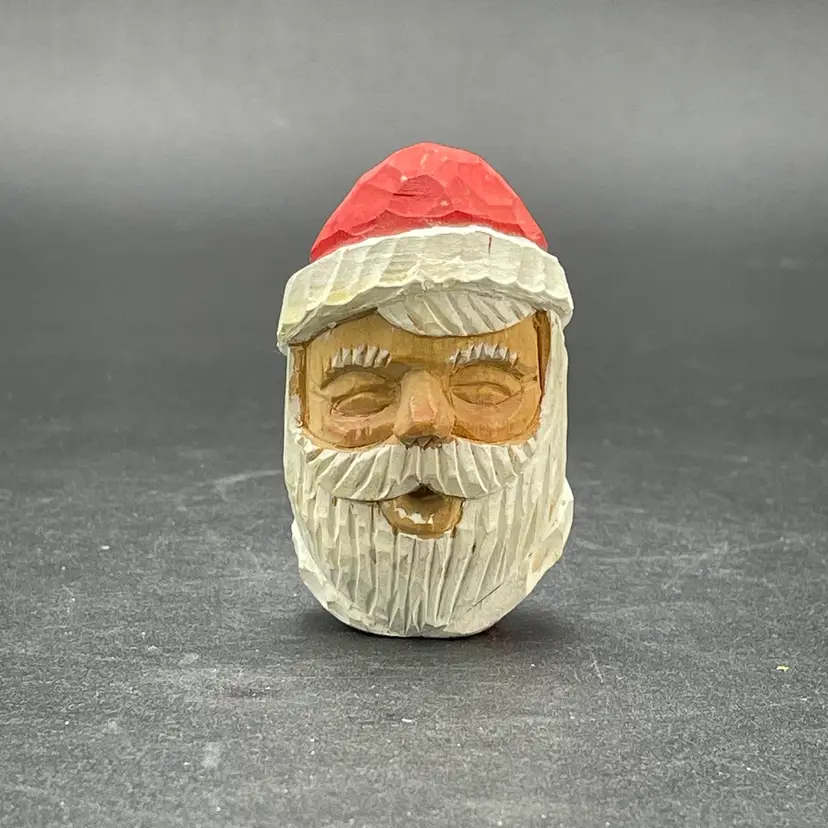 Hand Carved Wooden Santa Face Head Folk Art Primitive Christmas VTG Holiday