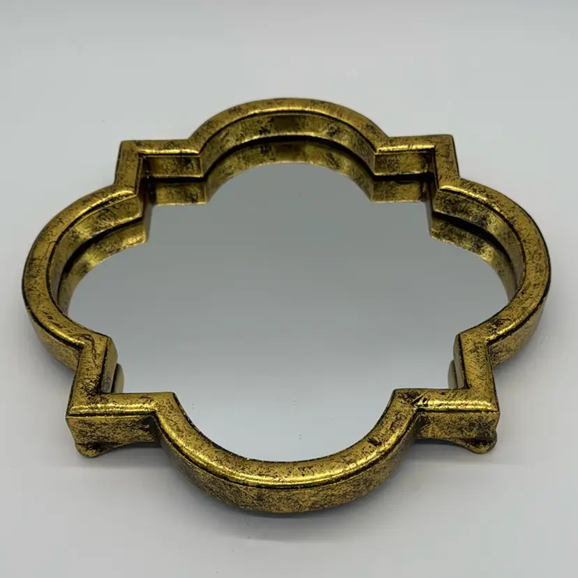 Mirror Vanity Tray Hollywood Regency Style Hand Painted Gold Trim Wall Mounted 12”x12”