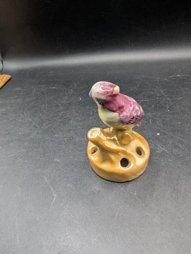 Vintage Lusterware Flower Frog Japan Parrot Love Bird Porcelain 6 Holes 1930s