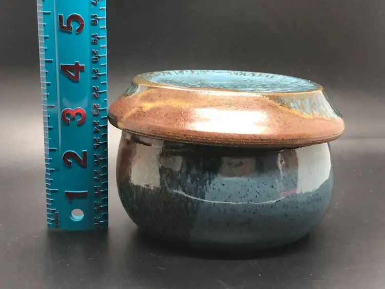 Studio Art Pottery Stoneware Butter Bell French Crock Blue Tones Artist Signed