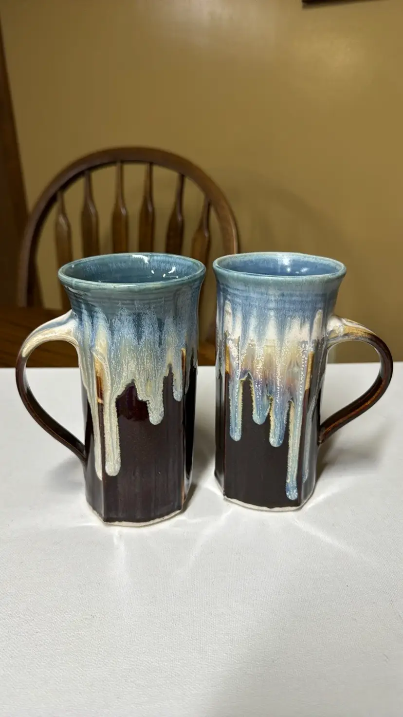 Mugs studio art pottery 6.75” tall drip glaze