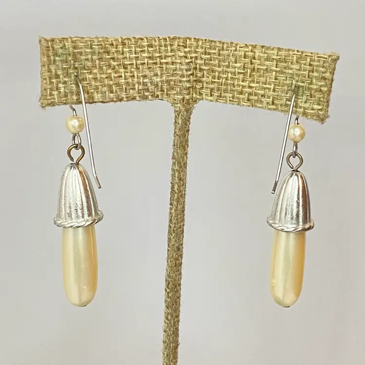 Vintage Long Faux Pearl Silver Metallic Tone Acrylic Dangle Pierced Earrings