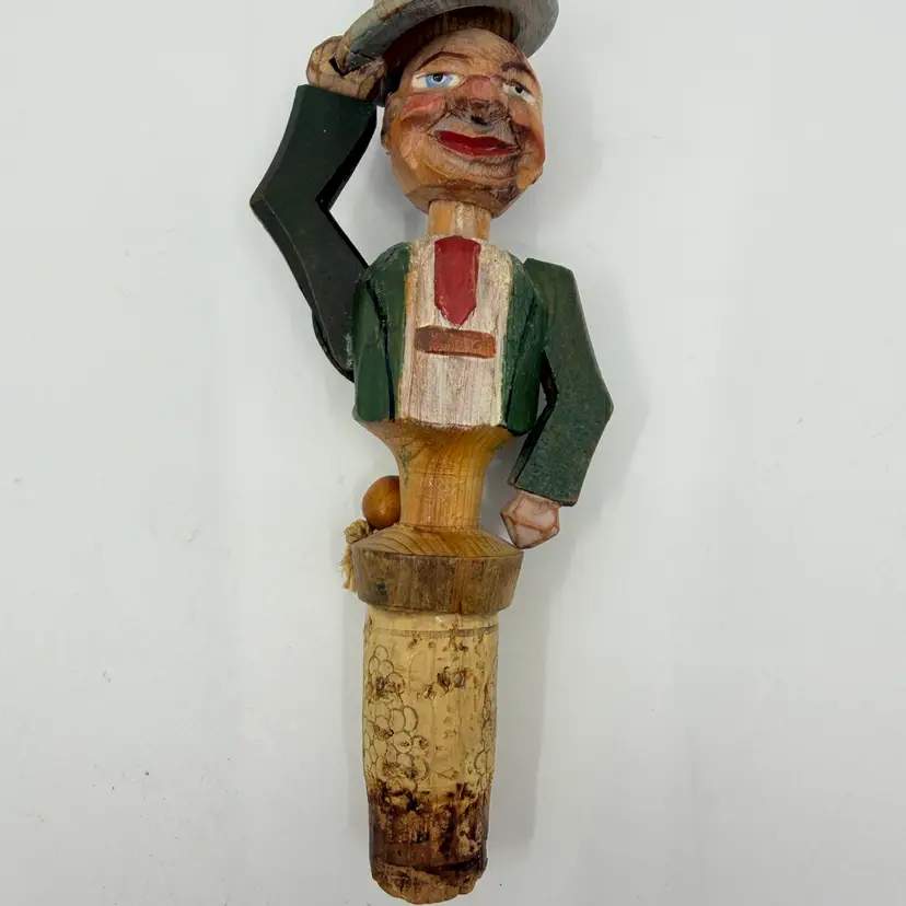 Vintage Anri Hand Carved Wooden Mechanical Bottle Stopper Man Tipping His Hat