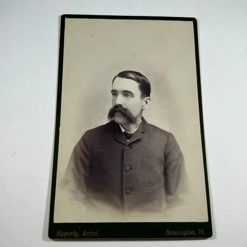 Cabinet Card Young Man with Moustache Peacoat Portrait Bennington Vermont