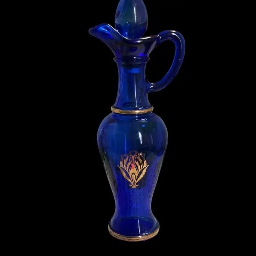 Vintage   Early 1970s Gorgeous Cobalt Blue Avon  Glass Cologne Pitcher With Goldtone Accents ! Gorgeous Piece.