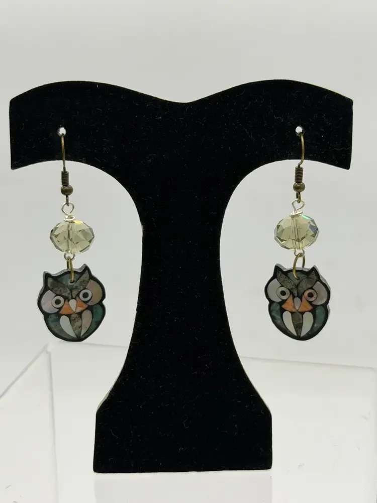 Owl Multicolored Inlaid Dangle Hook Earrings