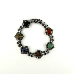 Sterling Silver Marcasite Carved Gemstone Scarab Bracelet 7.25”