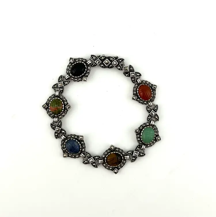 Sterling Silver Marcasite Carved Gemstone Scarab Bracelet 7.25”