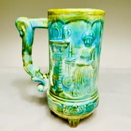 Handmade Ceramic German Beer Stein, Signed. Green & Yellow Glaze Beer Mug VTG