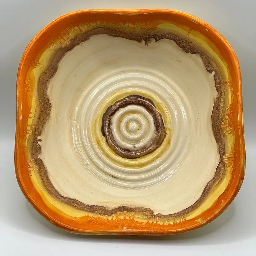 Vintage Czechoslovakia Art Pottery Orange Yellow Brown Beige Fruit Serving Bowl 8x8 In