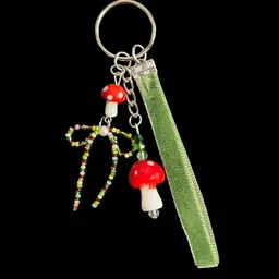 Handmade By Me - Glass Mushroom Charm And Seed Bead Bow Keychain With Velvet Ribbon