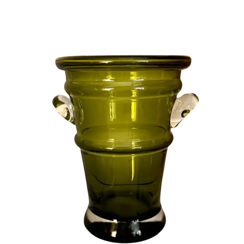 Crate & Barrel Glass Vase/Champagne Bucket Urn Poland Green Olive W/Clear Handles & Base 
8-1/2” T x 6-1/4” W