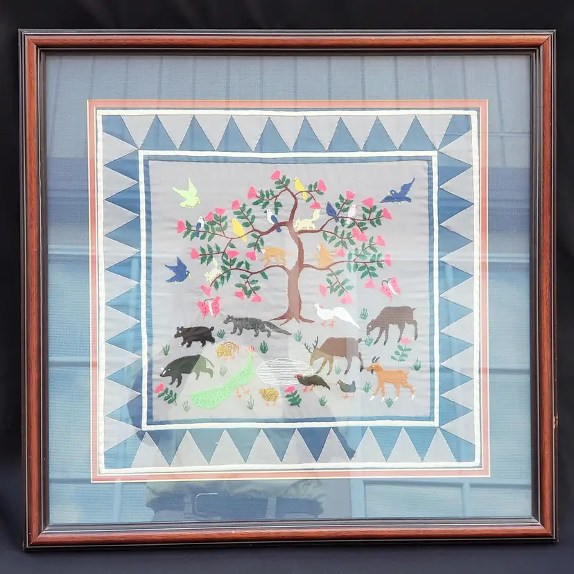 Folk Art Hmong Story Cloth Tribal Animals Tree Of Life (?) Hand Sewn Framed Vintage
