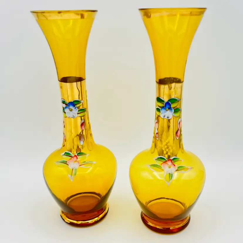 Amber Glass Bud Vases Gold Accent Hand Painted Moriage Flowers 8" set of 2