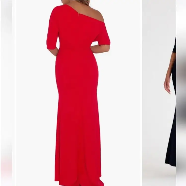 BETSY & ADAM Red One Shoulder Crepe Scuba Trumpet Gown Size 8, New