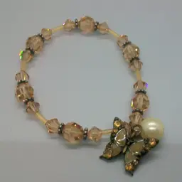 Champagne Tan Bead Stretch Bracelet with Enamel Butterfly Faux Pearl Charms 7.5"