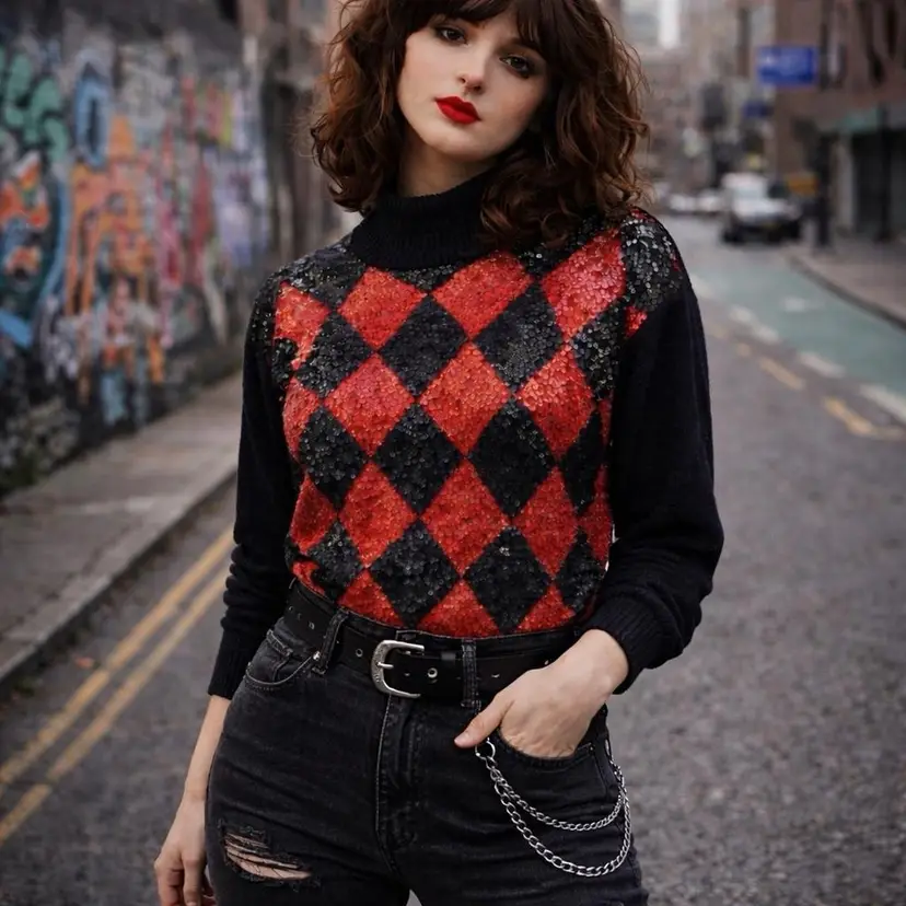 90s I.B. Diffusion Argyle Sequin Mock Neck Silk Angora Lambswool Sweater Sz S