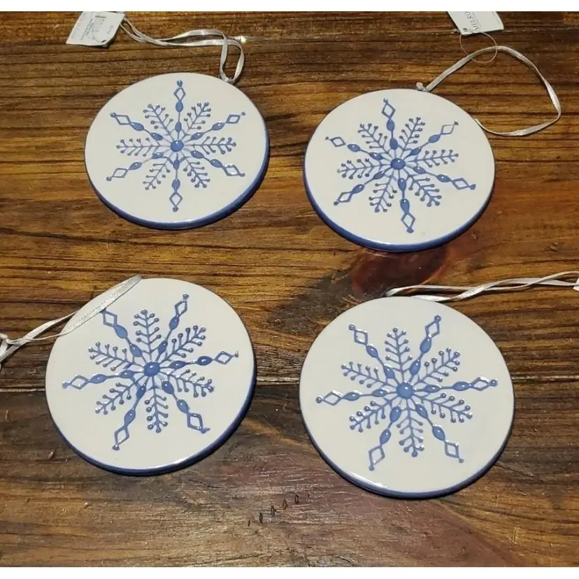 Melrose Ceramic Flat Round Snowflake Ornaments Set of 4 New