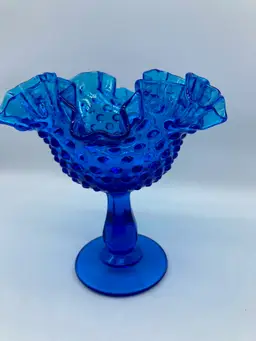 Vintage Fenton Glass 6" Blue Hobnail Ruffled Compote Candy Dish