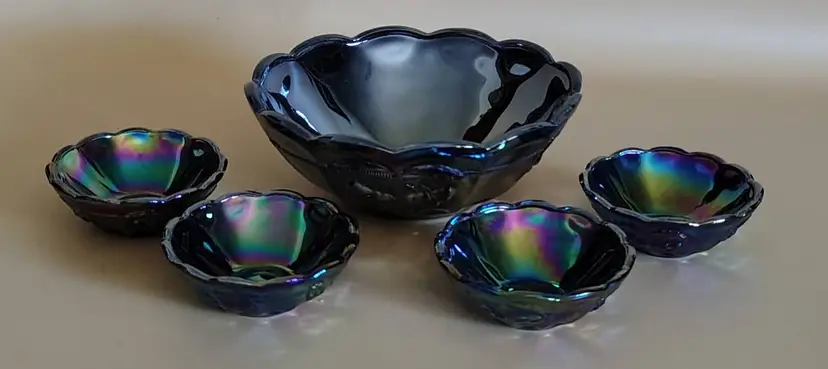 MOSSER, CHILD SIZE / MINIATURE Cherry Thumbprint Purple Amethyst Carnival Glass Berry Bowl 5 Pc. Set