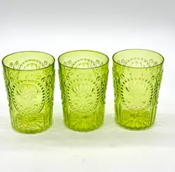 Glasses Tumblers - Anthropologie Fleur De Lis Green Glass Tumblers Set 3; Made In Portugal 4.5”H x 3”W