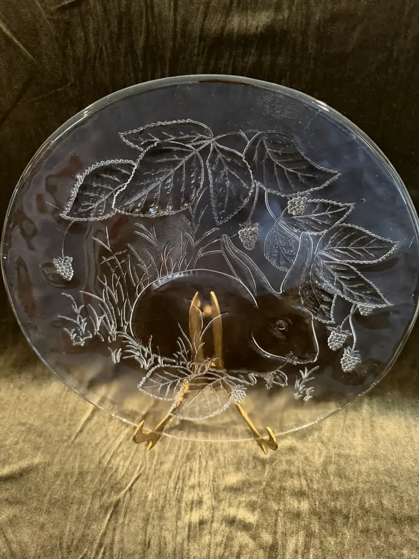 Vintage 13" Clear Glass Plate Etched Rabbit Bunny & Berry Design Decorative Display, Perfect for Easter Dinner!