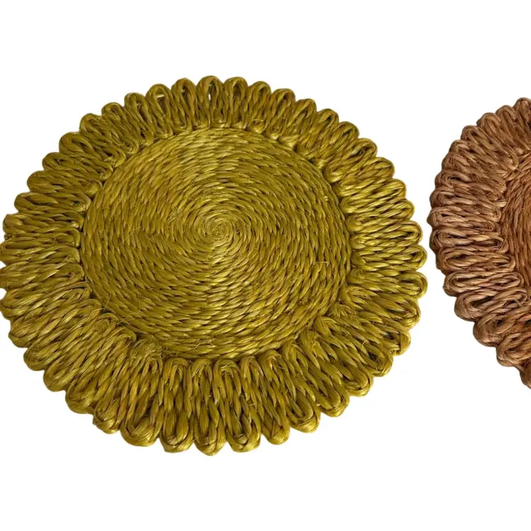 Set Of 2 Round Straw Hot Pads Yellow and Brown 10” Diameter Spots On Back Side