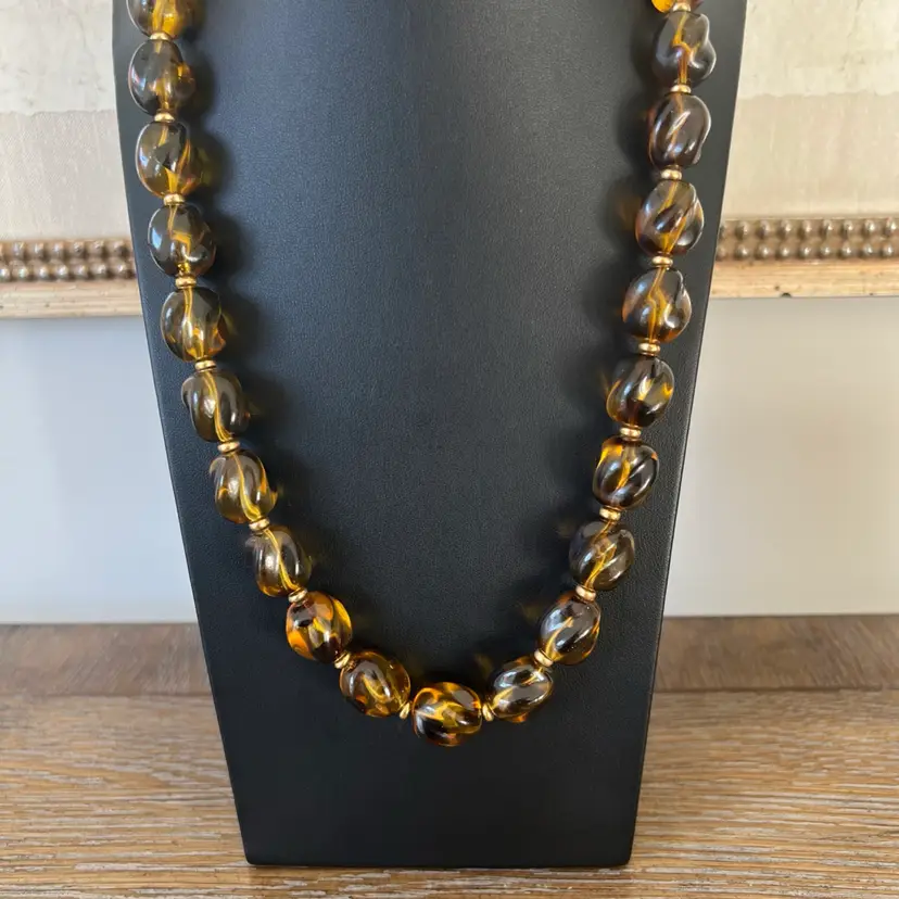 Vintage Monet Lucite Amber Spiral Beads, Gold Tone Seed Bead Separators 22” Long Signed