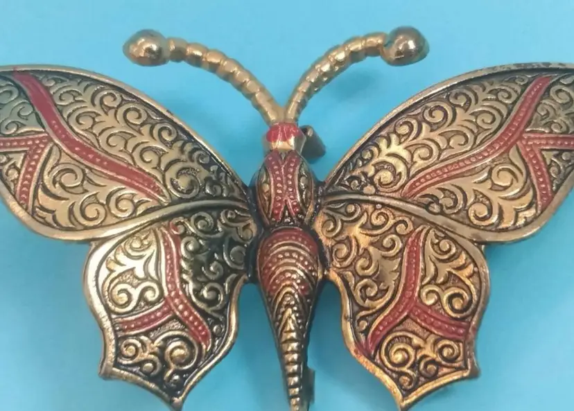Vintage Embossed Enamelled Brass Butterfly Brooch, Marked SPAIN