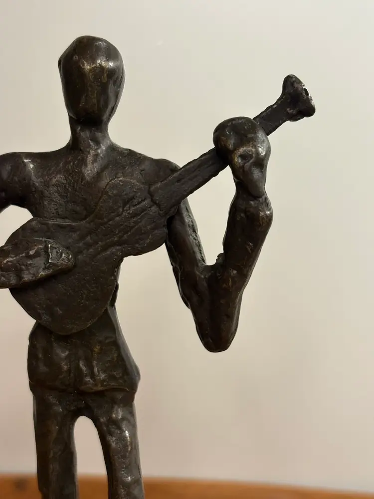 Vintage MCM Brutalist Cast Bronze Sculpture Guitar Player Figure Statue 7.5"