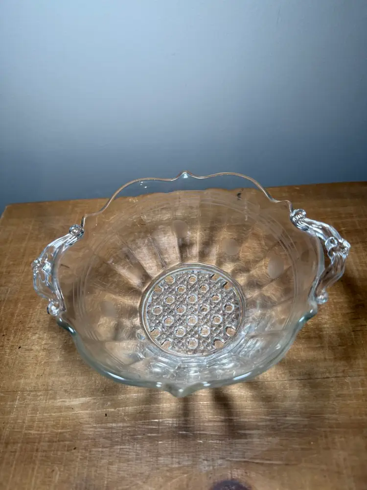 Fostoria Clear Glass Landrum Handled Bowl with Etched Polka Dots and Cane Bottom