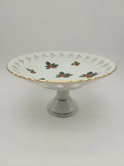 Lefton Christmas Holly Pedestal Dessert or Hors'derves Tray