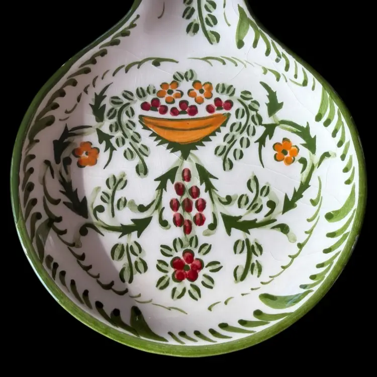 Vintage Hand-Painted Portuguese Ceramic Colorful Floral Spoon Rest Signed Artist