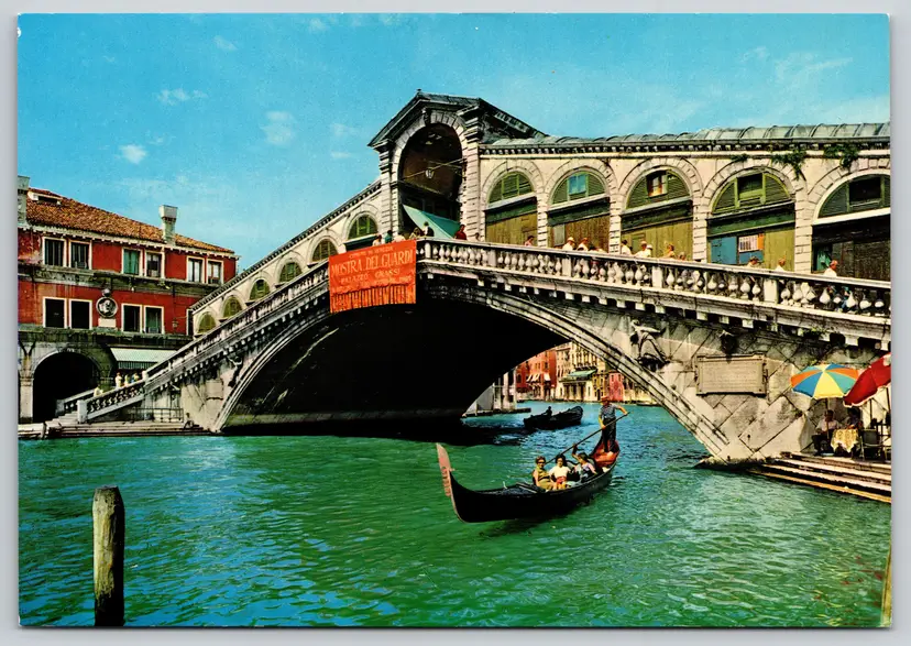 Postcard Rialto Bridge Venice Italy Boats on Canal