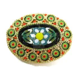 Vintage ITALIAN Mosaic Floral Pin Black Blue Orange Flowers Italy Brooch