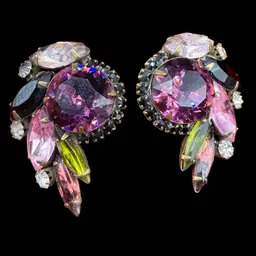 Vintage Gorgeous Faceted Rhinestone Purple Pink Peridot Black Clip On Earrings