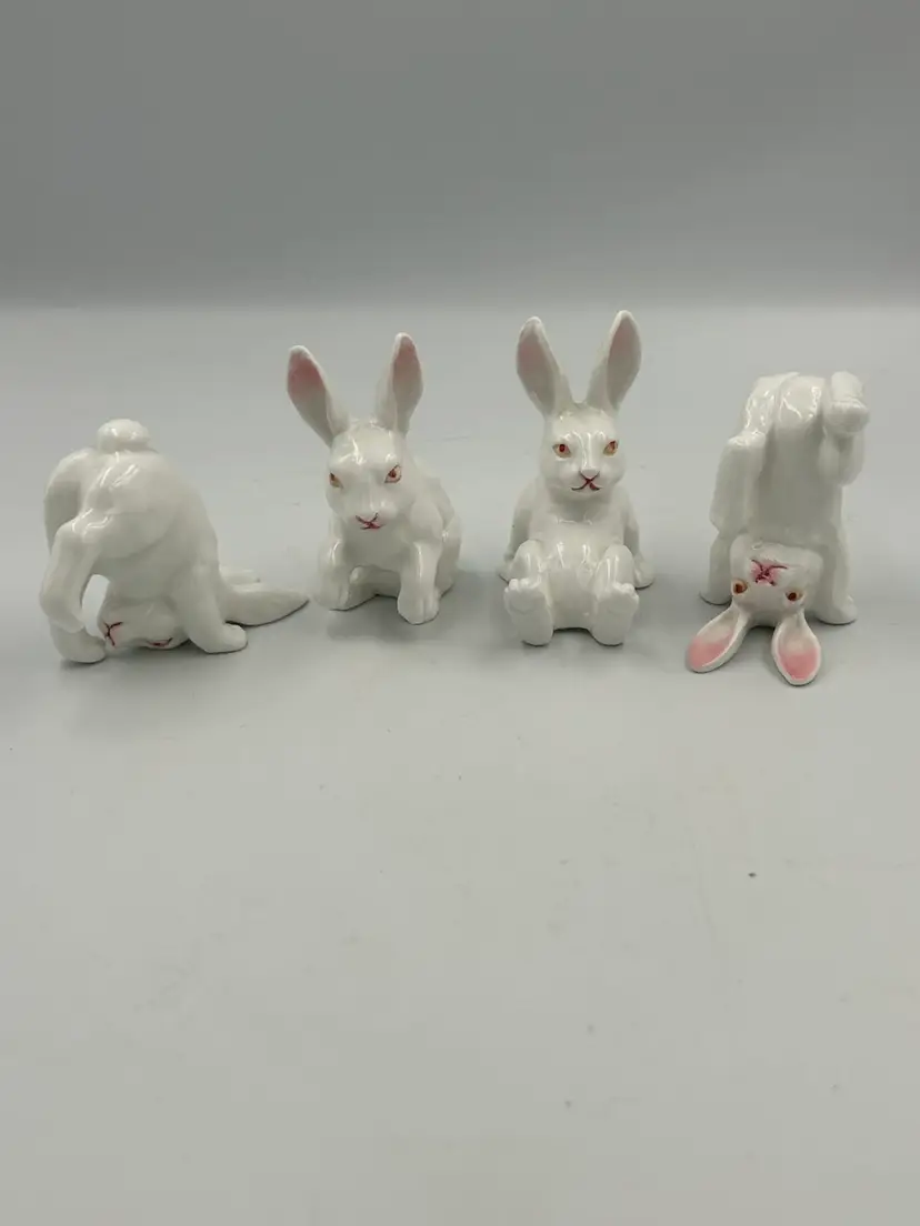 4 Vintage 1970 Tumbling Bone China, Easter Bunny Rabbit Figurines