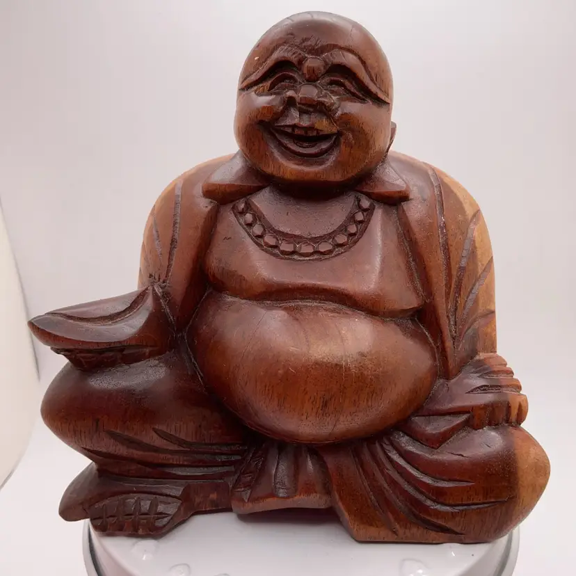 ITW Carved Wood Buddha Figurine 4.25”
