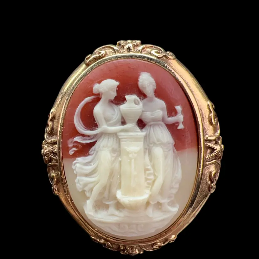 VINTAGE 2" CAMEO PIN/BROOCH,  UNUSUAL 2 LADIES W/VASE, GOLDTONE SETTING