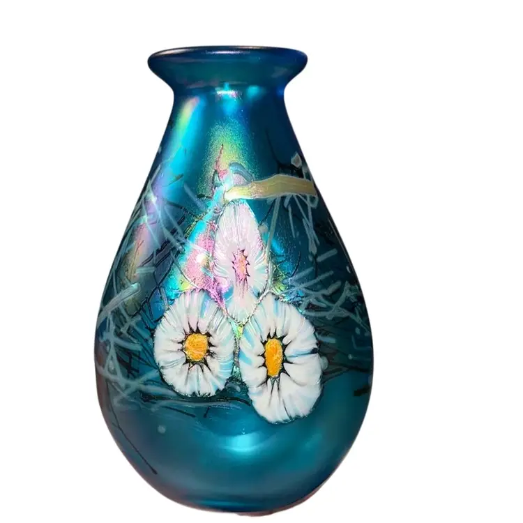 Signed HAT Herb A Thomas Studio Art Glass BLUE Iridescent Daisy VASE 8 In