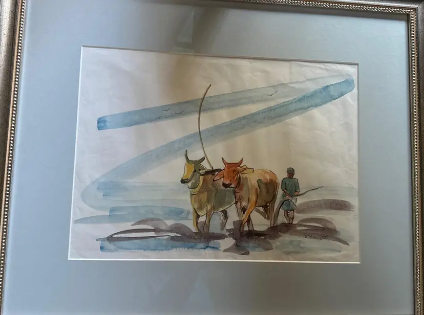 Water Buffalo and Farmer Painting - Bright Rustic Farm Decor